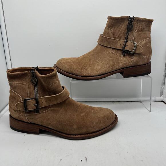MARK NASON Los Angeles Ankle Boots Womens 9 Brown Suede Sand Leather Zip Buckle - Picture 1 of 8